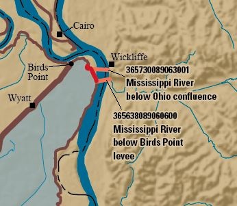 Map of measurement locations in the New Madrid Floodway.